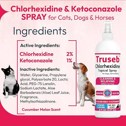 Truseb Topical Ketoconazole and Chlorhexidine Spray for Dogs, Cats, and Horses with Aloe - 8 oz (Ketoconazole & Chlorhexidine Spray, 8 oz)