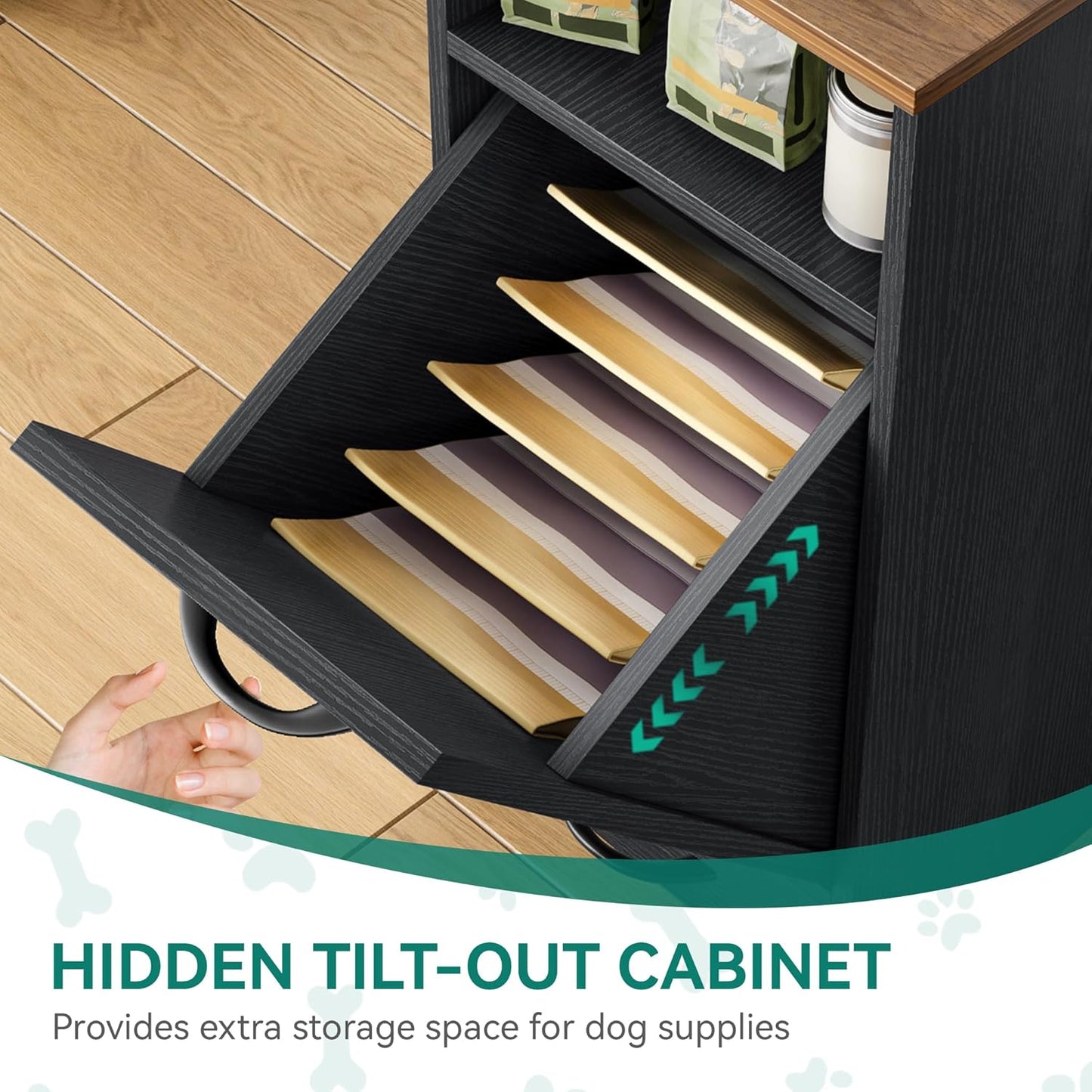 YITAHOME Dog Feeding Station with Storage, Dog Food Cabinet with 2 Feeder Bowls, Pull Out Elevated Dog Bowl, Black