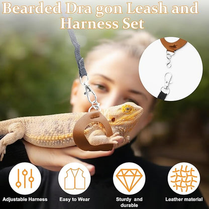 Bearded Dragon Harness and Leash Set, 3-Size Adjustable Soft Leather Reptile Leash for Training & Walking, Lizard Harness with Traction Rope, Walking Vest for Small Animal Outdoor (Brown)