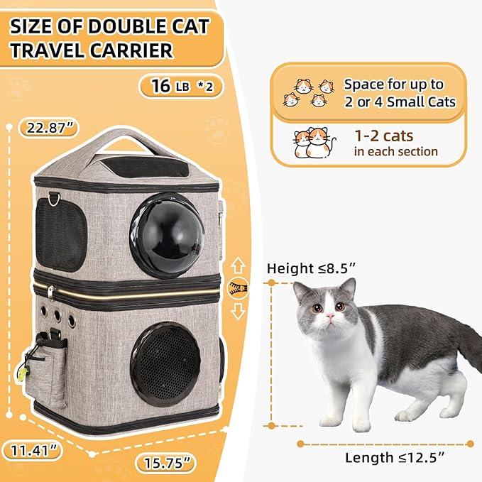 Detachable Double Cat Backpack Carrier for 2 Cats | Transparent & Foldable Dog Carrier Backpack for Cats and Small Dogs Up to 32 Lbs | Large Space & Breathable Cat Travel Carrier for Traveling, Grey