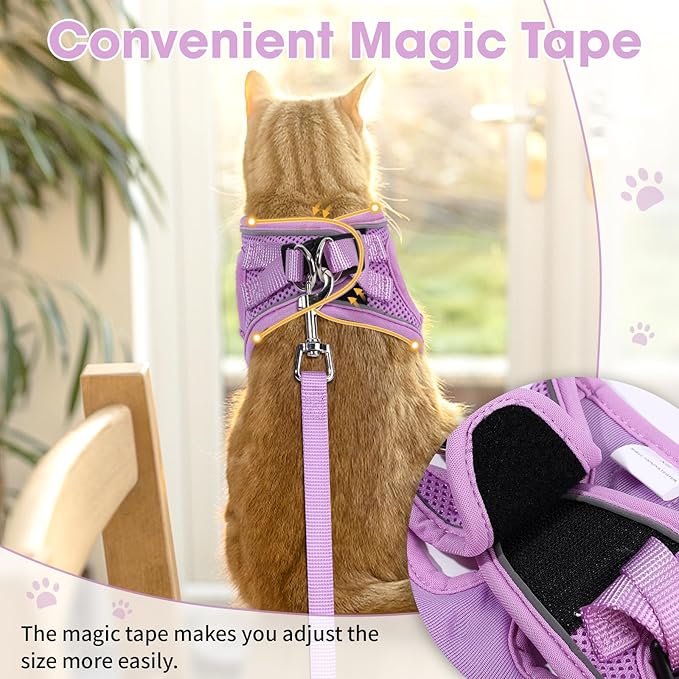 Cat Harness and Leash Set for Walking Escape Proof, Soft Adjustable Kitten Harness Breathable Mesh with Reflective Strips Harness for Kitty Puppy Bunny(Purple,XS)