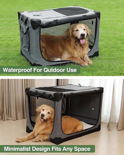 24 Inch Collapsible Travel Dog Crate for Medium Large Dogs, Portable Dog Crate 4-Door Foldable Soft Kennel with Durable Mesh Windows for Indoor & Outdoor Travel, with Storage Bag,Grey
