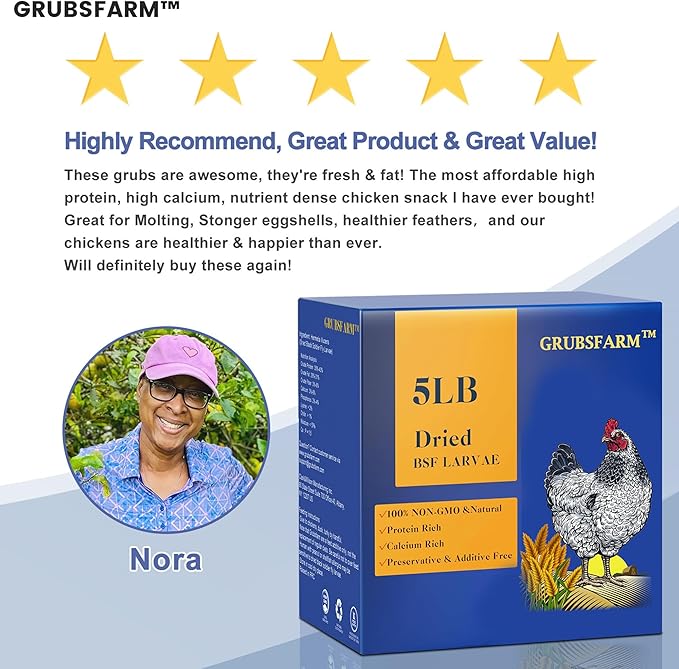 Superior to Dried Mealworms for Chickens 5lb - 85X More Calcium Than Mealworms - Non-GMO Chicken Feed - Molting Supplement - BSF Larvae Treats for Hens, Ducks, Turkeys, Wild Birds, Quails