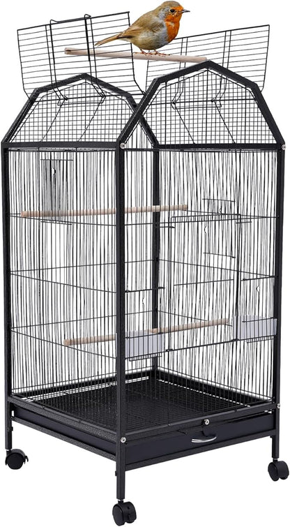 40 Inch Bird Cage with Play Open Top & Lockable Rolling Stand, Medium Birdcage for Parrot Lovebirds Finches Canaries Parakeets Cockatiels Budgie Parrotlet Conures, Black