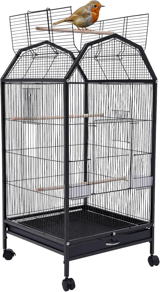 40 Inch Bird Cage with Play Open Top & Lockable Rolling Stand, Medium Birdcage for Parrot Lovebirds Finches Canaries Parakeets Cockatiels Budgie Parrotlet Conures, Black