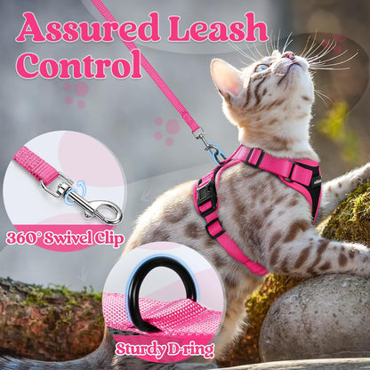 rabbitgoo Cat Harness and Leash Set, Escape Proof Soft Adjustable Vest Harnesses for Outdoor Walking, Easy Control Breathable Kitten Jacket with Reflective Strips, Black & Rose Pink, XS