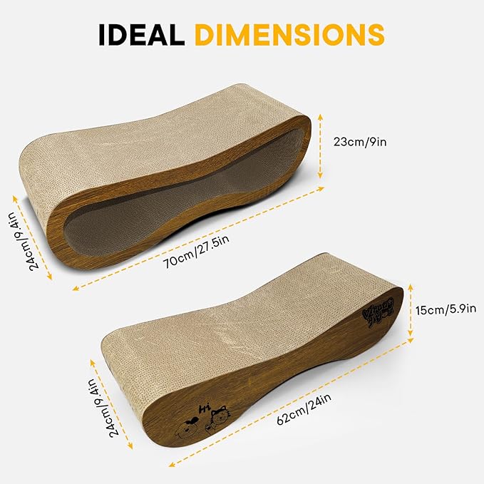 2 in 1 Cat Scratcher Lounge, Premium Cat Scratching Board, Cat Scratcher Set, Scratch-Resistant Cat Scratching Post Large (27.5L X 9H in.) and Small (24.5L X 6H in.), Corrugated Cardboard