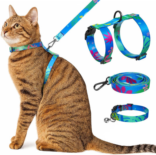 Cat Harness and Leash Set with Matching Collar – Escape Proof Harness for Cats, Adjustable & Lightweight, Tropical Hawaiian Leaf Print, Easy Wear for Outdoor Walking & Training