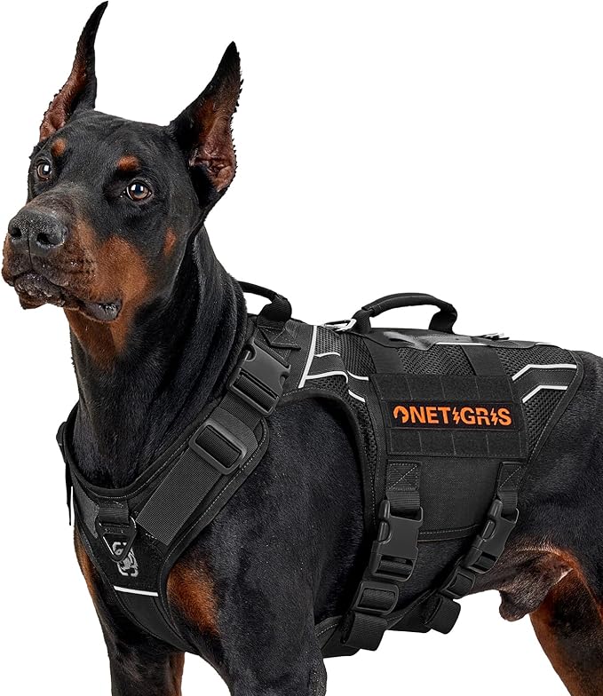 OneTigris Tactical Dog Harness for Large Dogs, Adjustable Tactical Dog Harness with Handles, Reflective Vest Heavy Duty & Breathable Military Assistance Vest with No Pull Buckle, Black