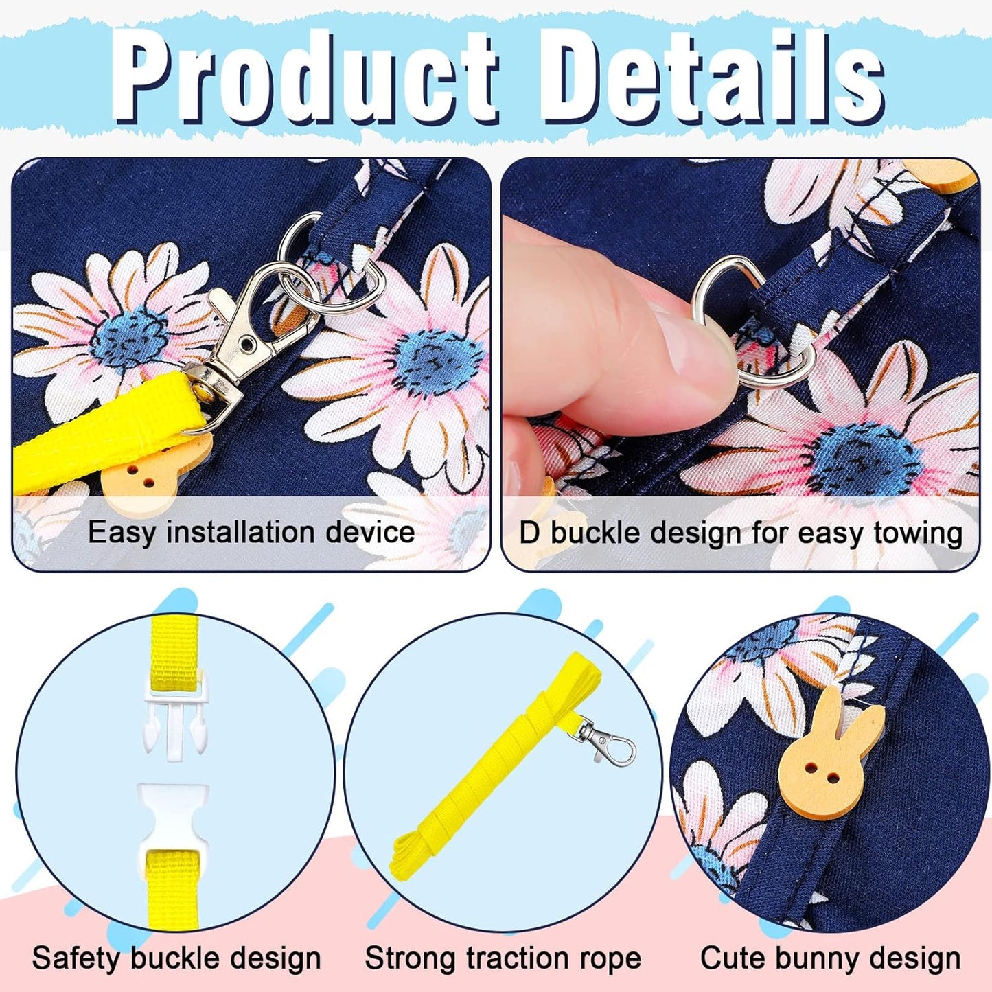 3 Sets Rabbit Bunny Harness and Leash, Cute Easter Bunny Clothes for Rabbits Dress Costume Walking Harness Escape Proof Pet Supply for Hedgehog Ferret Squirrel(Pink Flower, Blue Flower, Daisy)