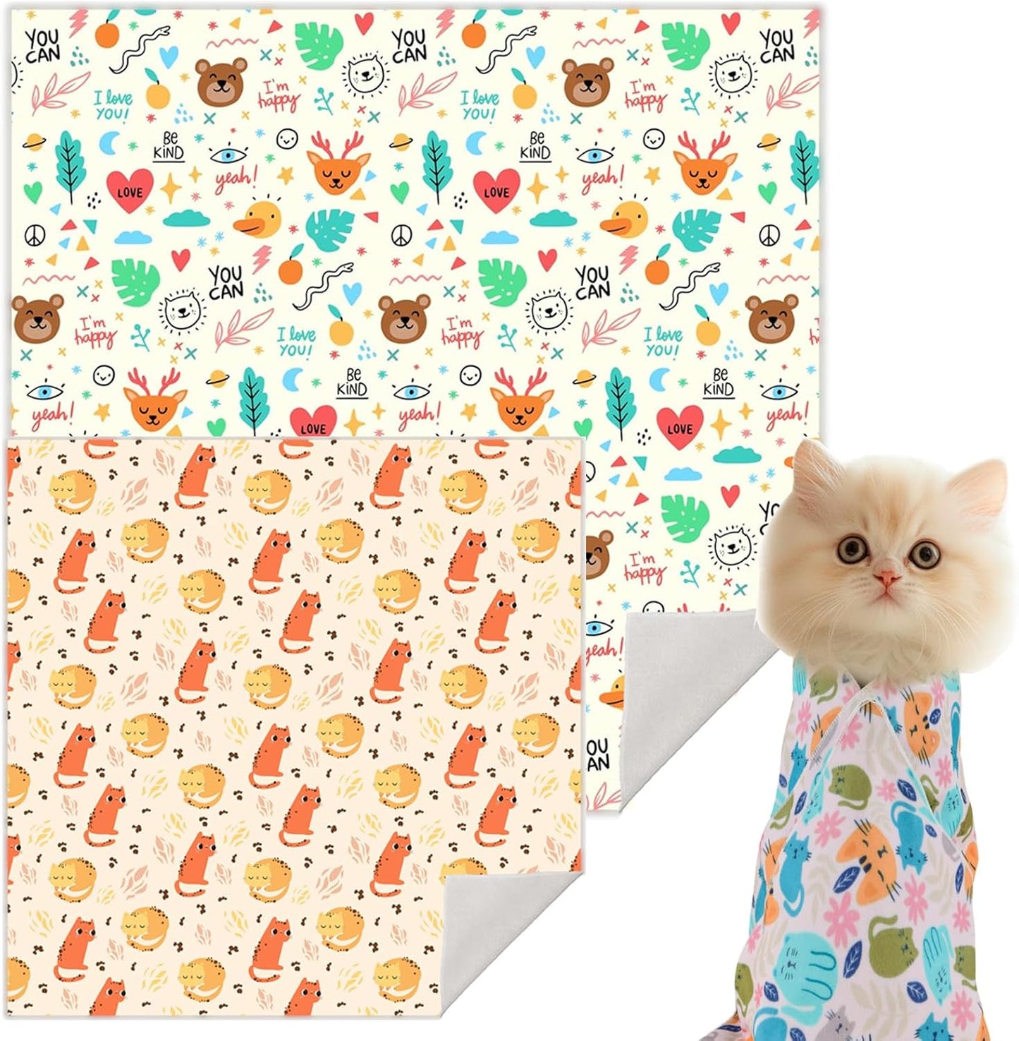 Cat Wrap for Grooming Self-Adherent Cat Wrap for Cutting Nails Cat Grooming Wrap Cat Burrito Wrap Anti-Bite, Anti-Escape Cat Swaddle Wrap 2PCS (Orange Kitten-M & Funny Bear-XL, M & XL)
