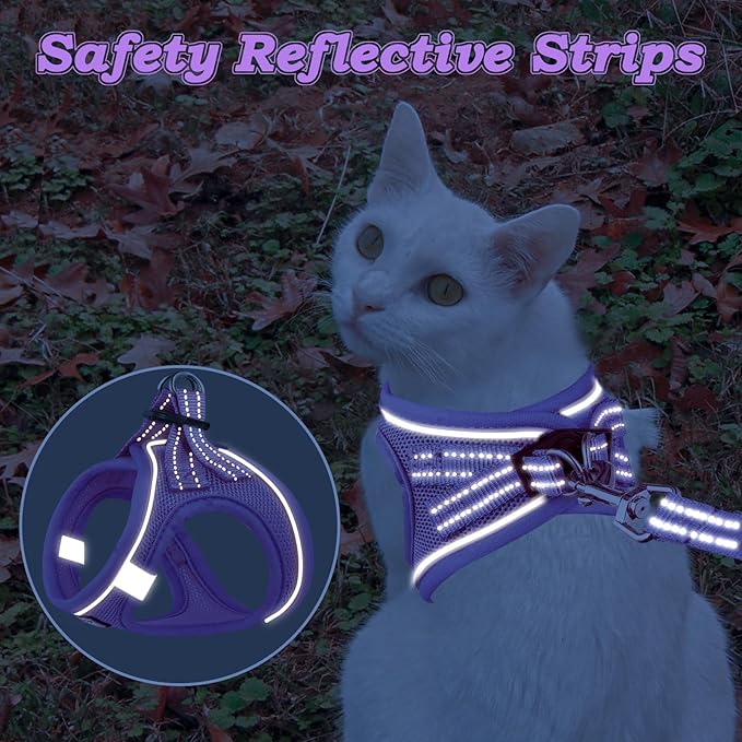 Cat Harness and Leash for Walking Escape Proof, Adjustable Kitten Vest Harness Reflective Soft Mesh Puppy Harness for Outdoor, Comfort Fit, Easy to Control (Purple, M)
