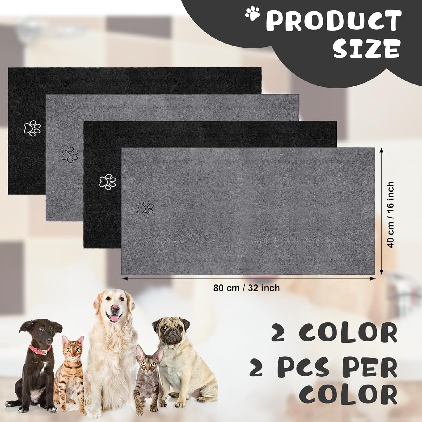 Chumia 4 Pack Dog Towels for Drying Large Microfiber Grooming Tools Absorbent Soft Bath Supplies with Embroidered Paw for Small Medium Pet Products(16 x 32 Inch,Gray, Black)