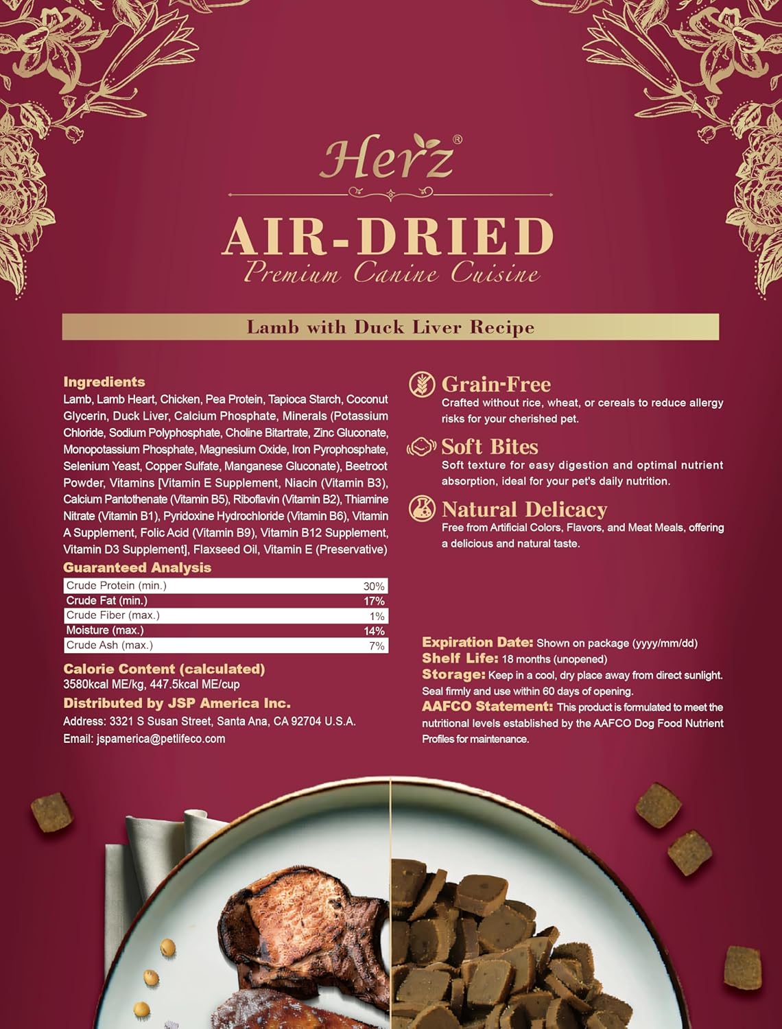 Herz Air-Dried Dog Food Lamb & Duck Liver Recipe 1 lb, All-Natural, High-Protein, Grain-Free, Limited Ingredients, Complete & Balanced, Premium Canine Cuisine
