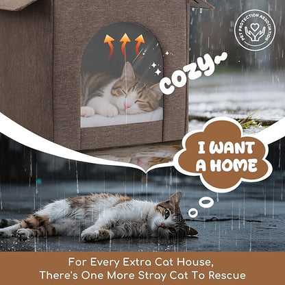 Outdoor Cat House Weatherproof, Insulated Cat Houses for Outdoor/Indoor Cats for Winter, Waterproof Feral Stray Cat Shelter with Warm Cushion and Door Curtain, Easy to Assemble, Brown