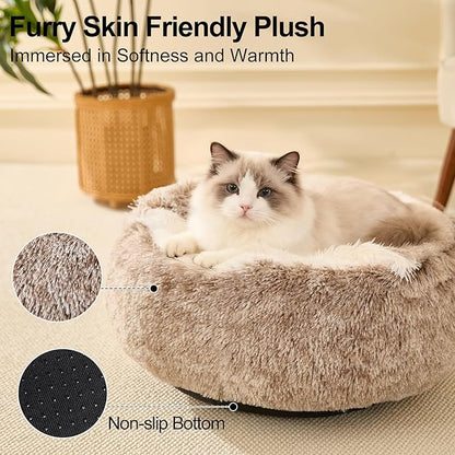 Calming Dog Beds & Cat Cave Bed with Hooded Cover,Removable Washable Round Beds for Small Medium Pets,Anti-Slip Faux Fur Fluffy Coved Bed for Improved Sleep,Fits up to 15/25 lbs (Small,20"x20")