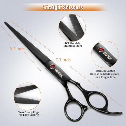 7.0in Titanium Professional Dog Grooming Scissors Set, GEMEK 6 in 1 Straight & Thinning & Upwards Curved & Downwards Curved Scissors & Comb for Dogs, Cats and Other Animals (Black)