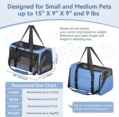 PETSFIT Cat Car Carrier for Small/Medium Cats Dogs, 18"x11"x11" Airline Approved Cat Carrier, with Patent Safety Buckles and Escape-Proof Zipper - Safeguarding Car Travel, Airplane, Vet, Outdoor