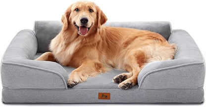 XL Orthopedic Dog Beds for Large Dogs, Waterproof Egg-Crate Foam Pet Couch Bed with Soft Sides, Non-Slip Dog Sofa with Flannel Removable Washable Cover, 42" L Supportive Pet Sofa, Light Grey