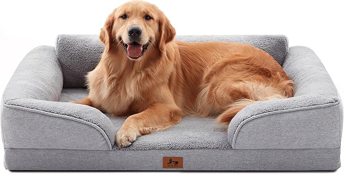 XL Orthopedic Dog Beds for Large Dogs, Waterproof Egg-Crate Foam Pet Couch Bed with Soft Sides, Non-Slip Dog Sofa with Fleece Removable Washable Cover, 42" L Supportive Pet Sofa, Light Grey