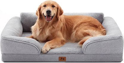 XL Orthopedic Dog Beds for Large Dogs, Waterproof Egg-Crate Foam Pet Couch Bed with Soft Sides, Non-Slip Dog Sofa with Fleece Removable Washable Cover, 42" L Supportive Pet Sofa, Light Grey