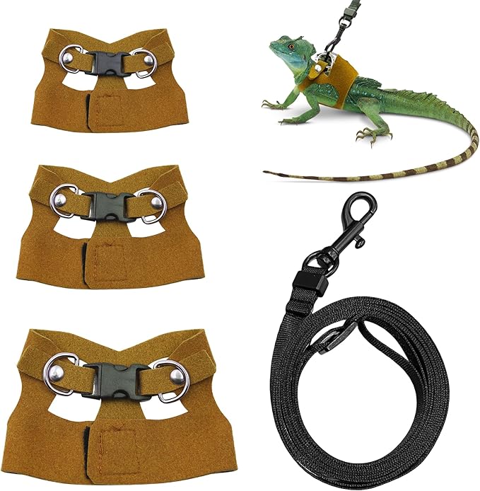 Bearded Dragon Harness and Leash Set, 3 Size Adjustable Soft Leather Reptile Leash, Lizard Harness with Retractable, Small Animal Outdoor Walking Vest with Traction Rope, 3 Pack (Brown)