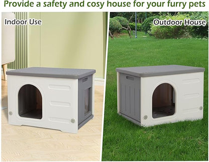 Deblue Plastic Cat House for Indoor & Outdoor, Waterproof Feral Cat House with Escape Door, Sturdy Pet Shelter for Cats, Puppy, Rabbit, Easy to Assemble and Clean-Grey