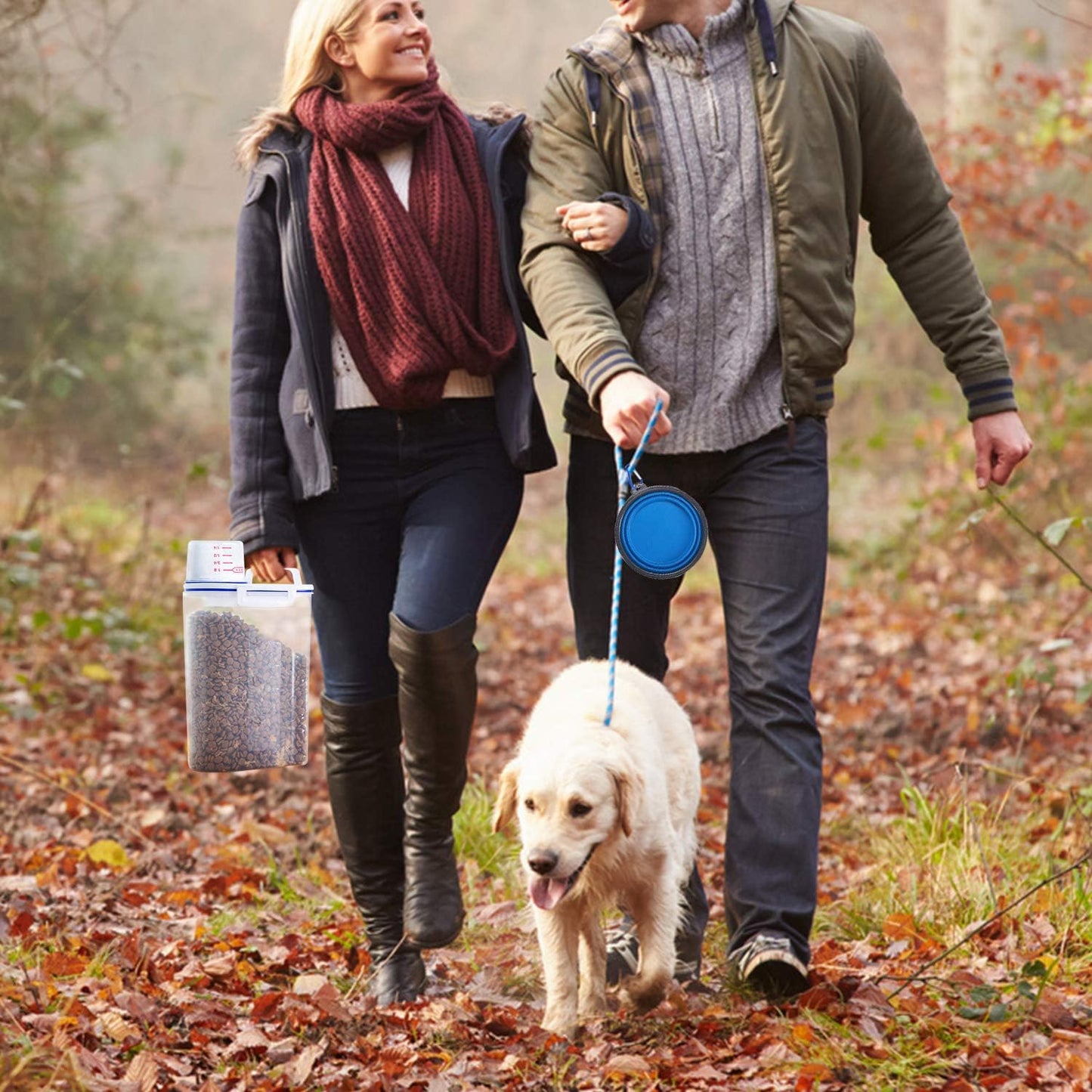 Rocutus Pet Food Storage Container,Portable Cat Dog Food Container With Measuring Cup,4 Seal Buckles Food Dispenser for Regular Food,Dogs, Cats, Birds (White Blue)