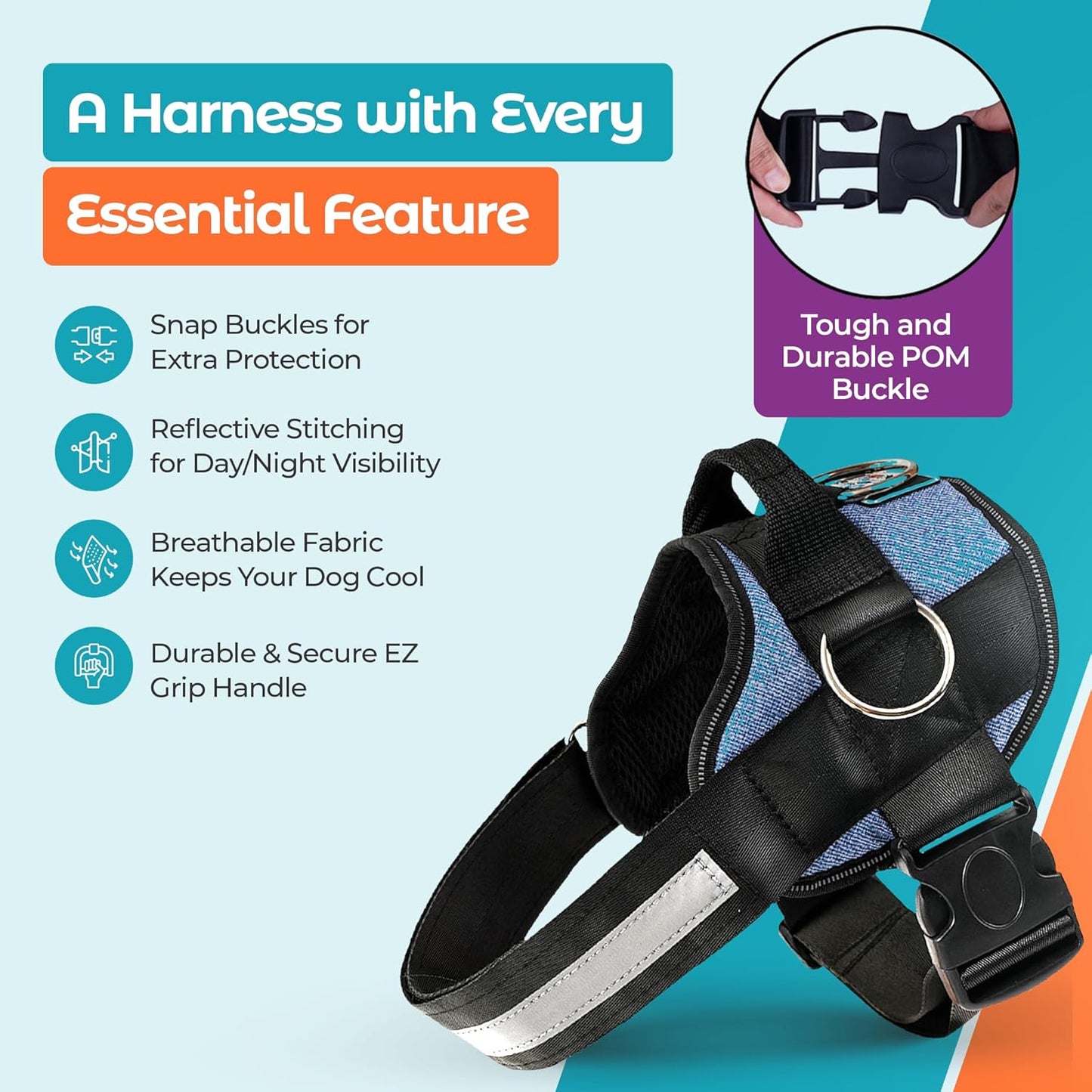 Joyride Basic Essential Dog Harness 1.0 - Small, Medium, Large Dogs, No-Pull Pet Vest with 3 Side Rings for Leash Placement, Adjustable for Training (Denim, XL)