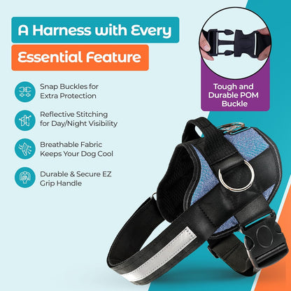 Joyride Basic Essential Dog Harness 1.0 - Small, Medium, Large Dogs, No-Pull Pet Vest with 3 Side Rings for Leash Placement, Adjustable for Training (Denim, 2XL)
