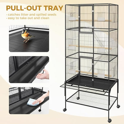 69 Inch Extra Large Bird Cage Wrought Iron Parrot Cage with Storage Shelf for Mid-Sized Parrots Cockatiels Conures Parakeets Lovebirds Budgie Finch