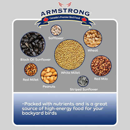 Armstrong Wild Bird Food Premium Blend, 30.8 Pounds - with White Millet, Black Oil Sunflower, Wheat, Peanuts, Striped Sunflower and Safflower for Northern Cardinals and Black-Capped Chickadees