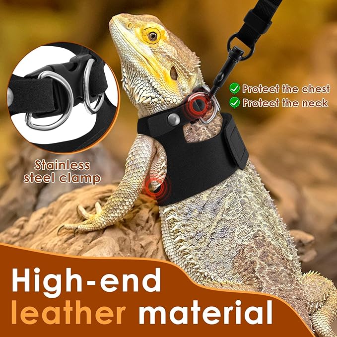 3 Pcs Bearded Dragon Harness and Leash Set, 3 Sizes Adjustable Soft Leather Lizard Harness with Leash, Small Animal Traction Rope Training Walking Vest for Bearded Dragon Lizard Squirrel (Black、)