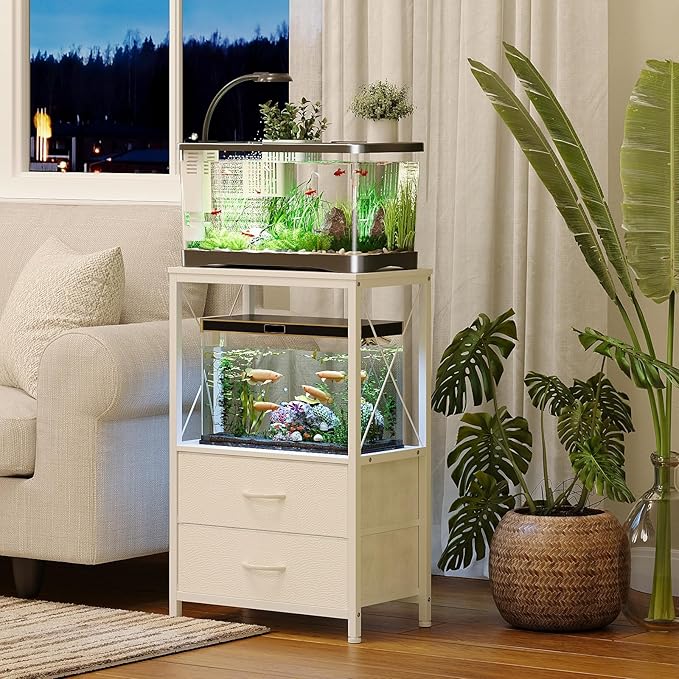 Fish Tank Stand 10 Gallon with 2-Tier Shelf, Aquarium Stand with 2 Drawers, Metal Frame Heavy Duty Reptile/Turtle Tank Stand for Home Office, Fish Tanks Accessories Storage, White