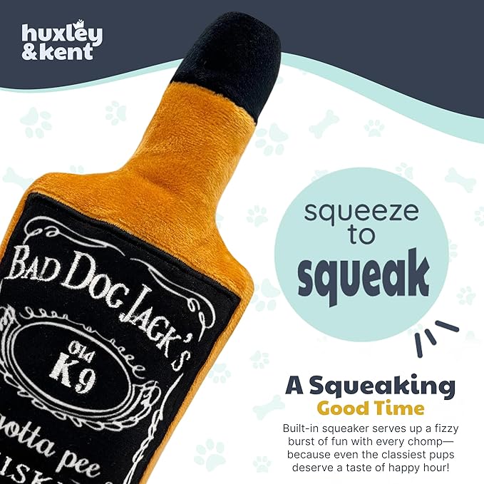 Huxley & Kent Funny Dog Toys w/Squeaker & Crinkl -Stimulating & Interactive Chew Toy for Dogs - Mesh Lined Stuffed Doggie Toy - Easy to Clean Doggie Toys for All Breeds (Bad Dog Jack's Whiskey,Small)