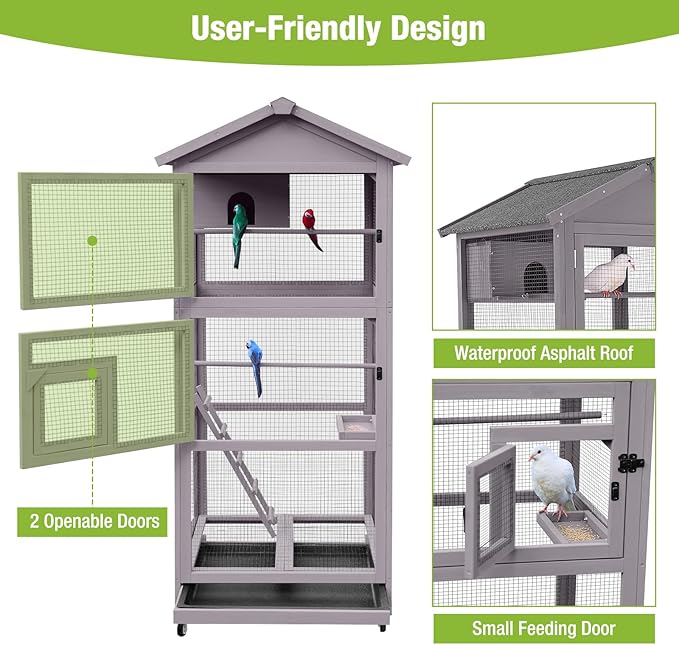 GUTINNEEN Large Bird Cage Outdoor Wooden Aviary Indoor on Wheels, with Play Stand, Perches, Nest Habitat & Wire Mesh Tray for Easy Cleaning