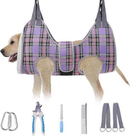 BEAUTYZOO Dog Grooming Hammock for Medium Dogs Cat- Dog Sling for Nail Trimming/Clipping- Dogs Hanging Harness Holder with Thick Fabric Neck Support & Strap Restraint Claw Care, Purple M