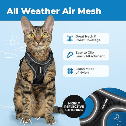 Voyager Escape Proof Cat Harness and Leash Set with Reflective Stitching, Neoprene Handle 5ft - Supports Small, Medium and Large Cats, Kittens for Walking by Best Pet Supplies - Black, XXS