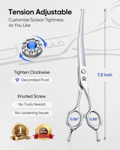 ULG 7.5" Curved, Compact Dog Grooming Scissors - Professional Pet Shears, Silver Stainless Steel