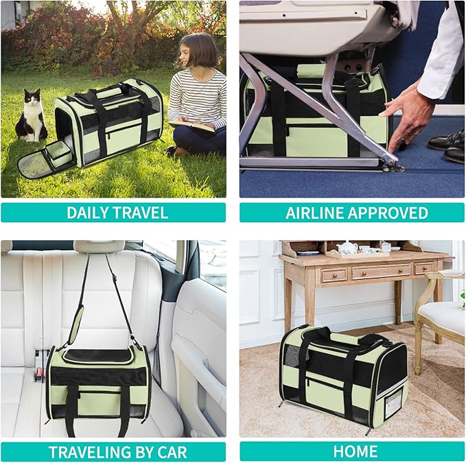Cat Carrier Pet Dog Carriers TSA Airline Approved for Cats Dogs Under 15 lbs, Collapsible Soft Sided Cat Carrier Dog Travel Carriers for Puppy Kitten, Green