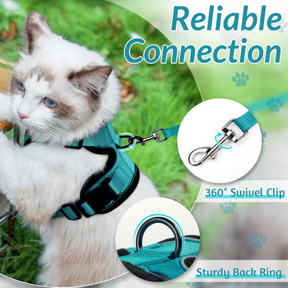rabbitgoo Cat Harness and Leash for Walking, Escape Proof Soft Adjustable Vest Harnesses for Cats, Easy Control Breathable Reflective Strips Jacket, Teal, S