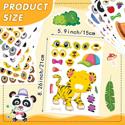 48 Sheets Make Your Own Safari Animal Stickers for Kids Ages 3+, Make-a-face Stickers, Jungle & Zoo Party Favors Supplies, Classroom Teacher Reward