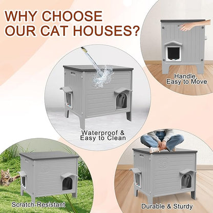 Cat House Outdoor with Cat Mat Weatherpoof Plastic Cats Houses with Escape Door Indoor Waterproof Feral/Pet Cat Shelter Outside for Puppy, Rabbit(Grey)
