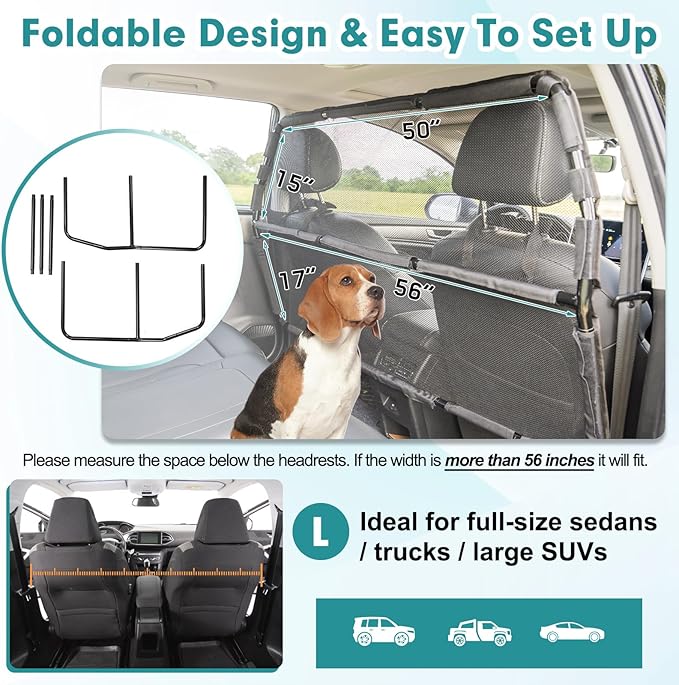 Dog Car Barrier Escape-Proof, 56" Wide Divider for 2nd 3rd Row Seats & Cargo Area, Durable Back Seat Gate Trunk Barrier with See Through Net Mesh for Trucks, Large SUV & Full Sized Vehicles