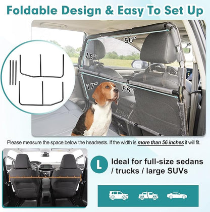 Dog Car Barrier Escape-Proof, 56" Wide Divider for 2nd 3rd Row Seats & Cargo Area, Durable Back Seat Gate Trunk Barrier with See Through Net Mesh for Trucks, Large SUV & Full Sized Vehicles