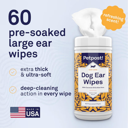 Petpost Large Dog Ear Cleaner Wipes | Ultra Soft XL Cotton Pads in Coconut Oil Aloe Solution | Remedy for Dog Ear Rinse & Cleanser 60 ct.