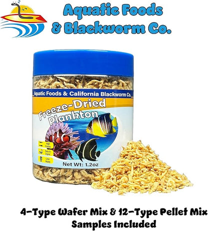 Aquatic Foods Inc. Pacific Plankton, Freeze Dried Plankton for Marines, Corals, Anemones, Cichlids, Discus, Tetras, Goldfish, Angel Fish, 12-Type Pellet Mix, 4-Type Wafer Mix Included...1.2oz Canister