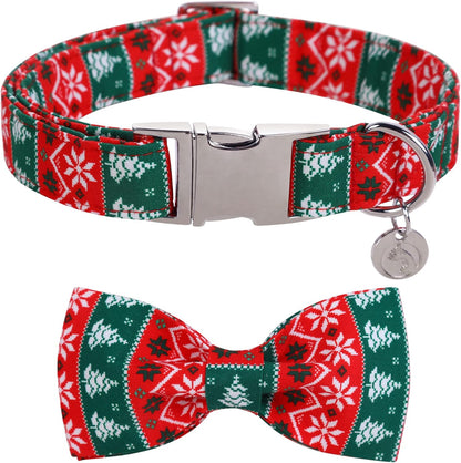 DOGWONG Christmas Dog Collar with Bow tie, Red Green Strip Snowflake Dog Collar Soft Durable Adjustable Cotton Puppy Collar for Small Medium Large Dog