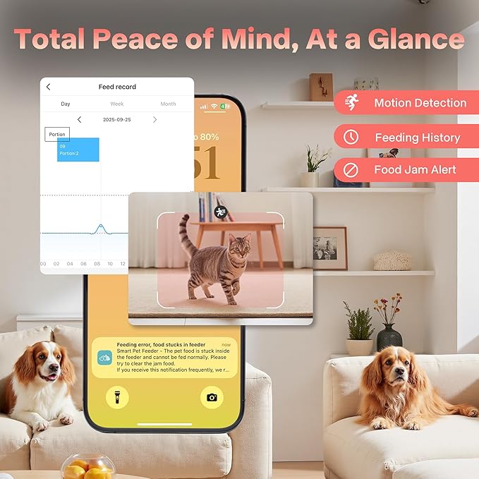Automatic Cat Feeder with Camera, 5G WiFi Automatic Dog Feeder, 7L Cat Food Dispenser with Night Vision, 1-15 Meals, 1-99 Portions, 2-Way Audio, Jam Free, Ideal for Multiple Pets