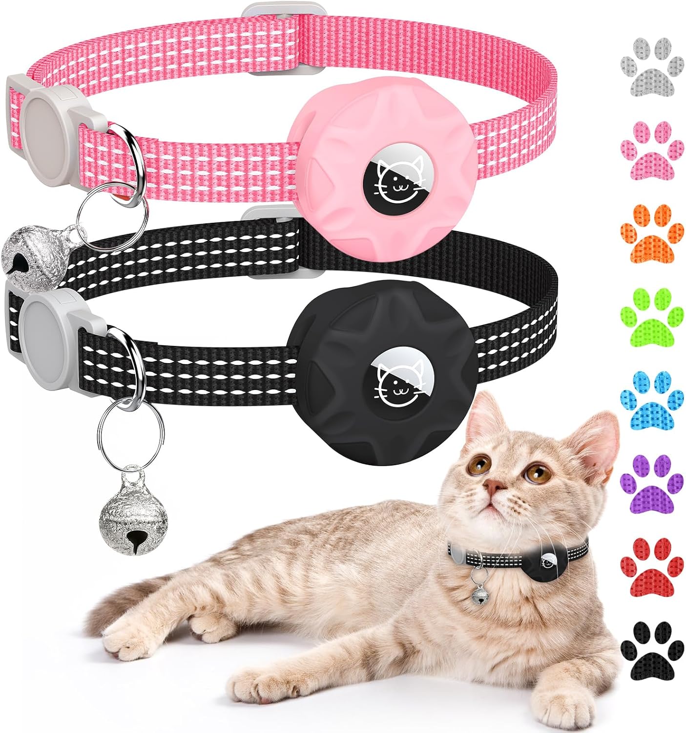 AirTag Cat Collar, Reflective GPS Tracker with AirTag Holder and Bell, Lightweight, Unisex, Black/Pink, Small Cats